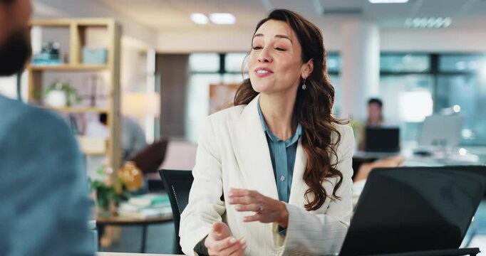 Business people, handshake and woman with partnership job interview and recruitment with thank you. Employee, candidate and success with gesture or collaboration with deal, cooperation and hiring