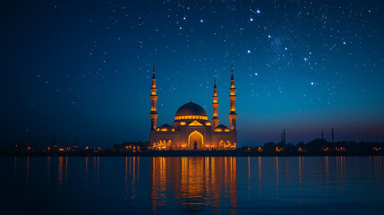 Naklejka premium Islamic wallpaper symbol of Ramadan, Mosque at night with stars, empty space for text