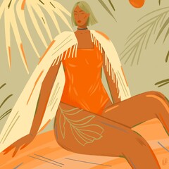 Obraz premium poster girl rests on the beach on a summer day. graphic drawing of a portrait of a woman in the modern style