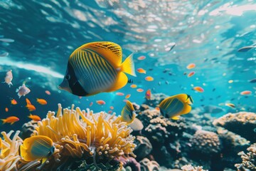 Fototapeta premium Tropical fish swimming over a coral reef in clear blue water