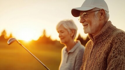 Elderly couple playing golf together, sunset glow in the background, senior couple golfing, leisure sports