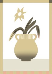 illustration of a pot with a flower and the sun in the style of minimalism