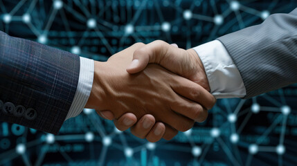 Two business professionals shaking hands with a digital network background, symbolizing partnership, collaboration, and technological progress.