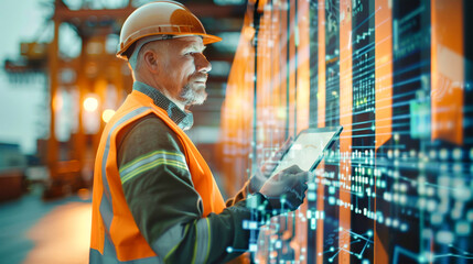 A logistics worker in a safety vest monitors data on a tablet while overseeing cargo boxes, immersed in a digital landscape of graphs and technology