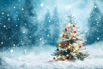 Obraz premium A festive Christmas tree adorned with ornaments, set against a snowy winter backdrop.