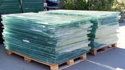 A forklift truck actively loads pallets with glass panels and inflated plastic bottles into wooden boxes within a modern warehouse, highlighting industrial operations