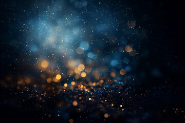 fond lumineux abstrait avec des bokeh dor&eacute;s et bleus dans l'obscurit&eacute;, repr&eacute;sentant la magie et l'illumination effets lumineux. - No&euml;l, f&ecirc;tes de fin d'ann&eacute;e d&eacute;cembre janvier