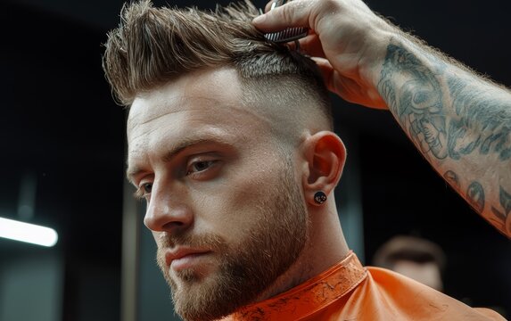 Barber carefully trimming a clients hair, showcasing the art of mens grooming and traditional barbering techniques in a modern barbershop setting