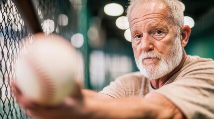 Older man hitting a baseball in a batting cage, focused and ready, senior baseball, precision and power