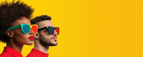 Bold, vibrant pop-art style portrait of diverse individuals wearing colorful sunglasses, symbolizing modern fashion, unity, and cultural diversity