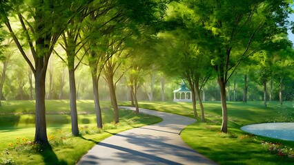 Obraz premium View of beautiful park with green trees and pathway