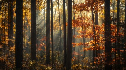 Fototapeta premium A forest bathed in autumn light, with trees displaying their full autumn splendor.