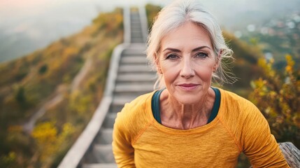Older woman climbing stairs at a park for fitness, determination in her face, senior stair climbing, outdoor workout