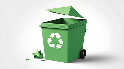 A green recycling bin in paper cut-out style, placed on a plain white background, symbolizing waste management and recycling. Origami style