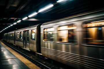the subway train in motion blur runs from left to right.