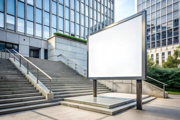 A big white billboard mockup by the stairs in the urban environment, empty space to display your advertisement. Business concept.