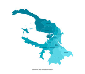 Obraz premium Vector modern isolated illustration. Simplified administrative map of Saint Petersburg in Russia in blue colors. Names of districts in english language