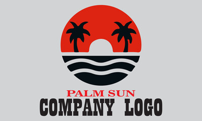 Two palm trees overlooking a red sun and beach furniture; ideal for travel brochures, vacation ads, or tropicalthemed designs.