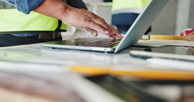 Man, laptop and contractor hands for plan on construction site, design layout and email client. Person, developer and online for graphic tools to draw blueprint, civil engineer and upgrade property