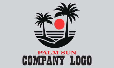 Two palm trees overlooking a red sun and beach furniture; ideal for travel brochures, vacation ads, or tropicalthemed designs.