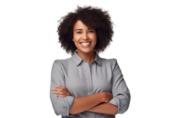 Happy black woman smiling confidently, arms crossed Isolated on white background