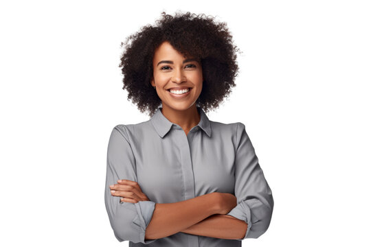 Fototapeta Happy black woman smiling confidently, arms crossed Isolated on white background