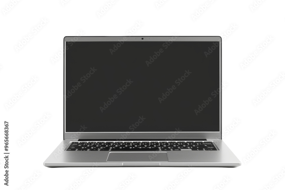 Poster front view of a modern laptop with transparent screens, isolated on white background
