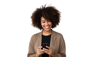 Happy black woman holding a smartphone, smiling Isolated on white background