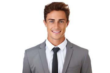 Handsome young man in business attire, featuring a gray shirt and a welcoming smile. Isolated on white background