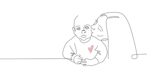 Vector one line art illustration of a new born baby and mother. Mother kissing a baby. Lineart family portret for mother's day