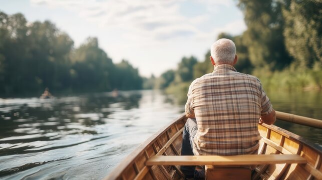 Senior man rowing a boat on a river, serene atmosphere, senior rowing, outdoor sports