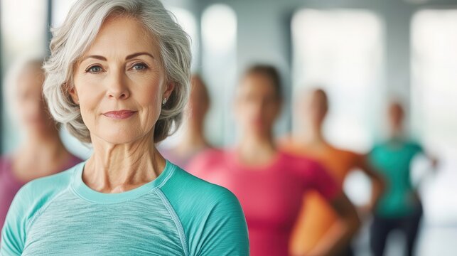 Senior woman doing step aerobics in a group class, lively and energetic, senior step aerobics, group fitness