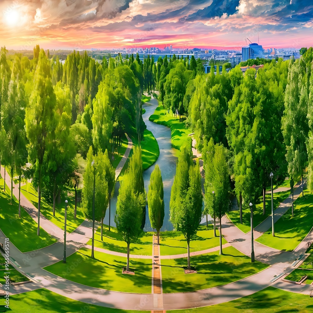 Wall mural view of beautiful park with green trees and pathway