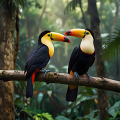Fototapeta premium Two toucan tropical bird sitting on a tree