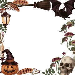 Halloween square frame with cute ghost and other scary characters in cartoon style. Hand drawn dark illustration. Isolated drawing perfect for autumn graphic and spooky season card designs.