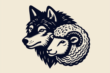 Wolf and sheep. Head, portrait. Vintage retro engraving illustration. Black icon, isolated element	