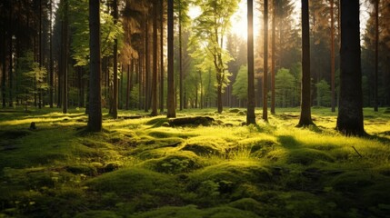 Fototapeta premium Green grass in a tranquil summer forest at golden hour