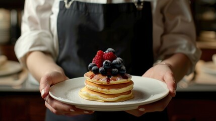 Hand holding a plate of blueberry pancake