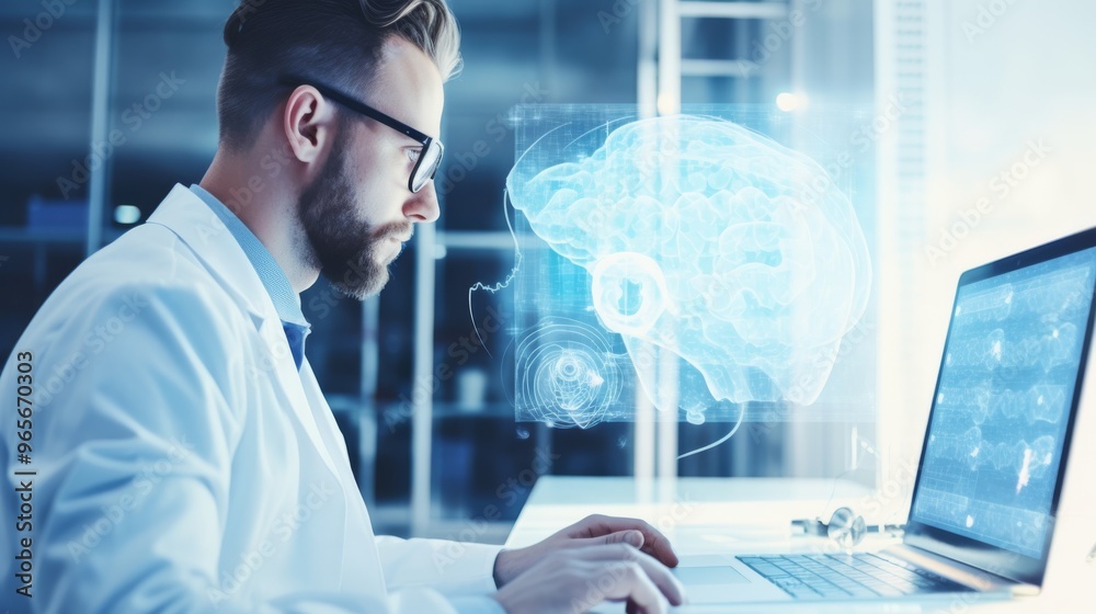 Poster medical researcher in glasses analyzing brain data on computer in modern laboratory copy space cool 