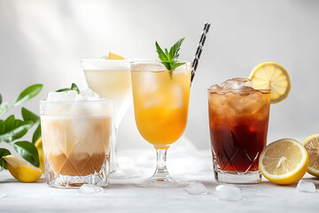 Fototapeta premium A collection of four colorful cocktails with garnishes, ice, and lemon slices.