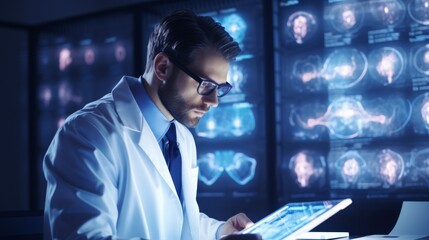 Medical scientist in glasses examining brain activity charts in research facility copy space organized workspace