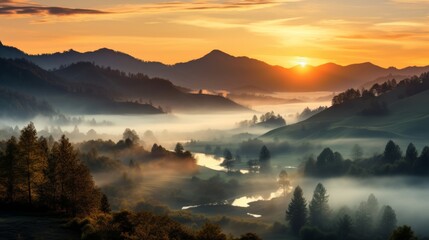 Obraz premium Scenic hills blanketed in morning fog during sunrise, vibrant hues