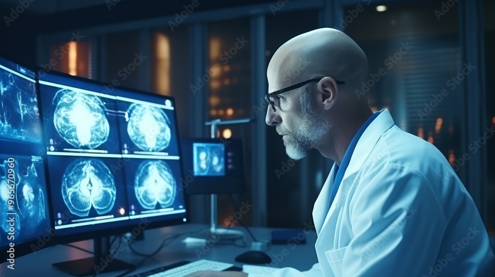 Poster scientist in glasses studying brain images on large monitor in clinical lab copy space professional 