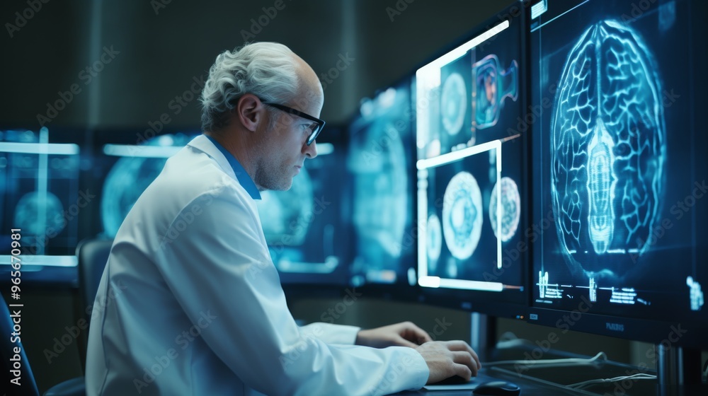 Poster Scientist in glasses studying brain images on large monitor in clinical lab copy space professional atmosphere