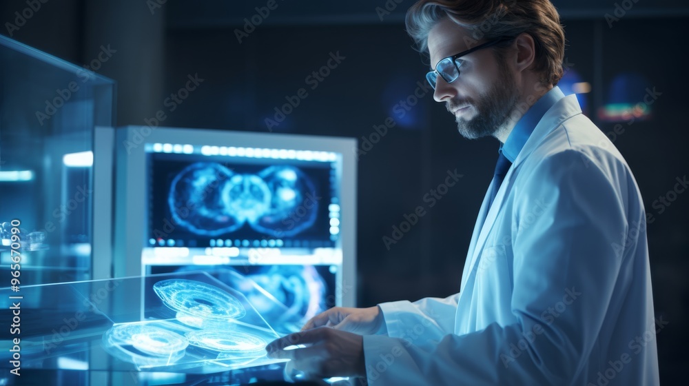 Poster Scientist in lab coat and glasses examining brain scan in research lab with high-tech equipment copy space bright lighting