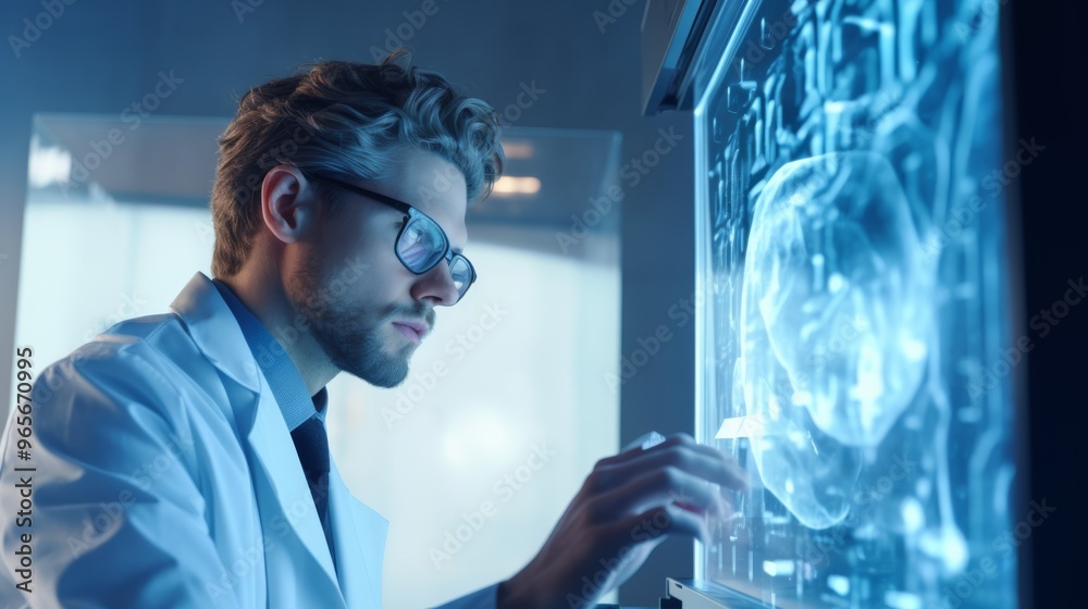 Poster Scientist in lab coat and glasses examining brain scan in research lab with high-tech equipment copy space bright lighting