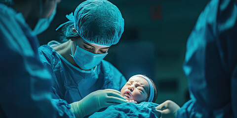 Team of surgeons and nurses are working together, performing a surgical procedure on a newborn baby in a modern operating room