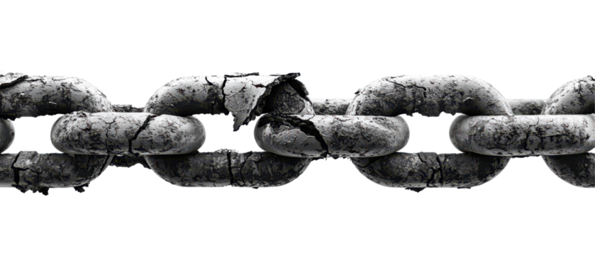 Close up view of a broken metal chain links isolate on transparent background, png, cutout