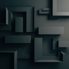 Black abstract geometric shapes on dark background, top view, copy space
