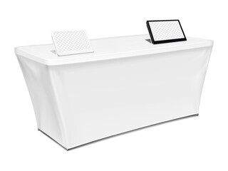 Exhibition set template. Tradeshow table with blank stretch cover for brand design, white and black tablet or e-paper display stands. 3d mockup. Trade show booth kit. Vector mock-up